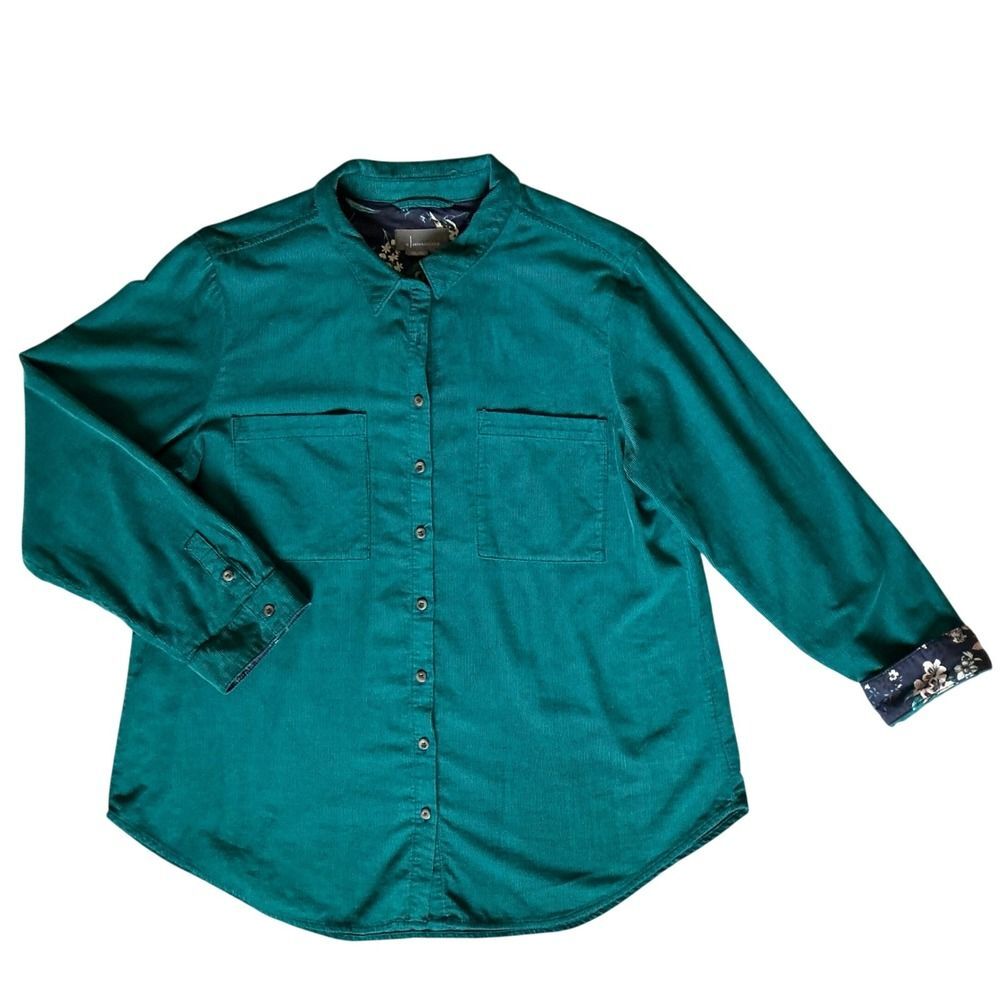 Anthropologie Womens Corduroy Button Down Shirt XL Teal Floral Trim Pockets